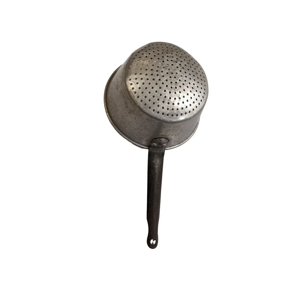 vtg Aluminum Colander Strainer Long Handle Resting Hook Silver Rustic‎ Kitchen